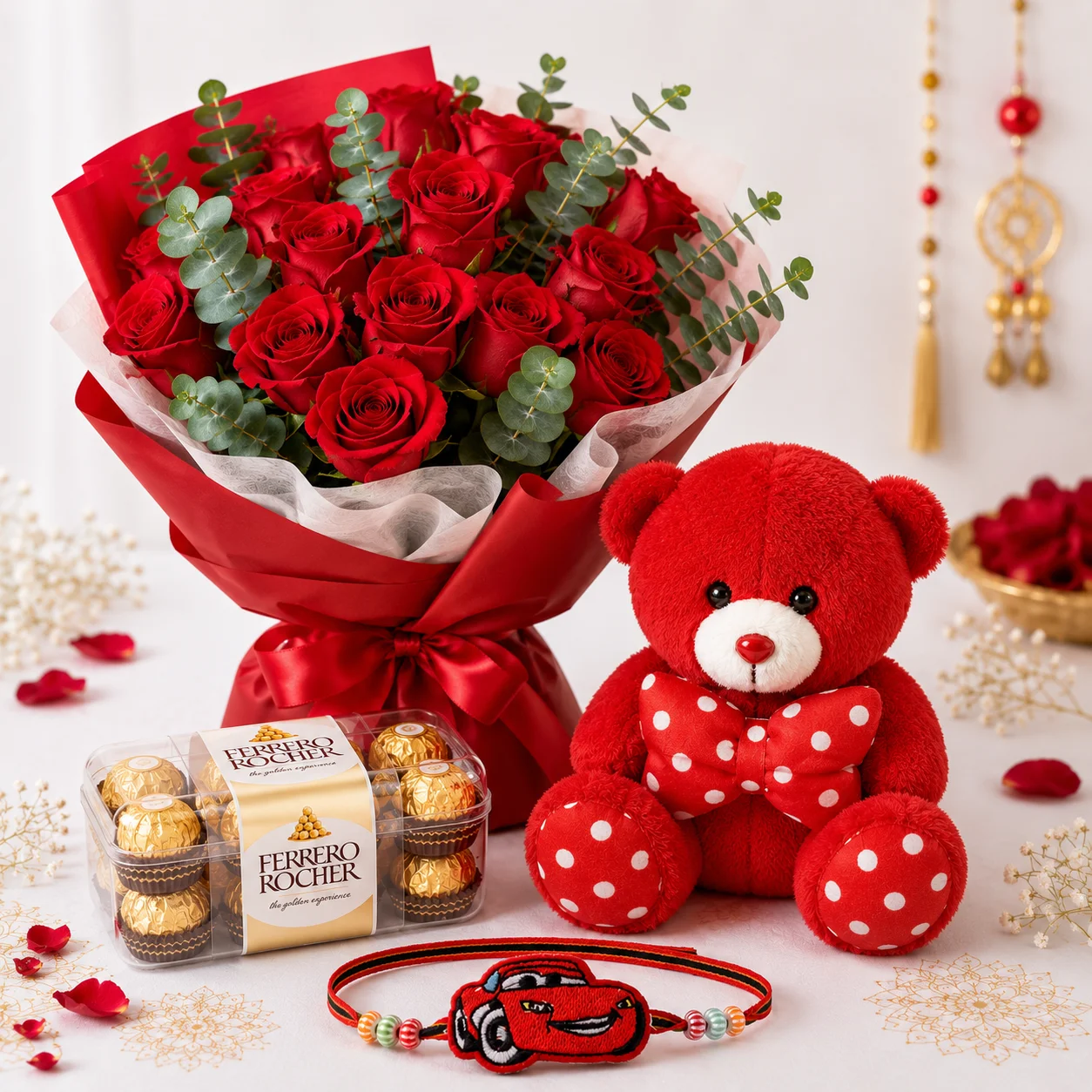 Red Love Rakhi gift featuring 15 red roses, teddy, Ferrero Rocher chocolates and Cars theme rakhi